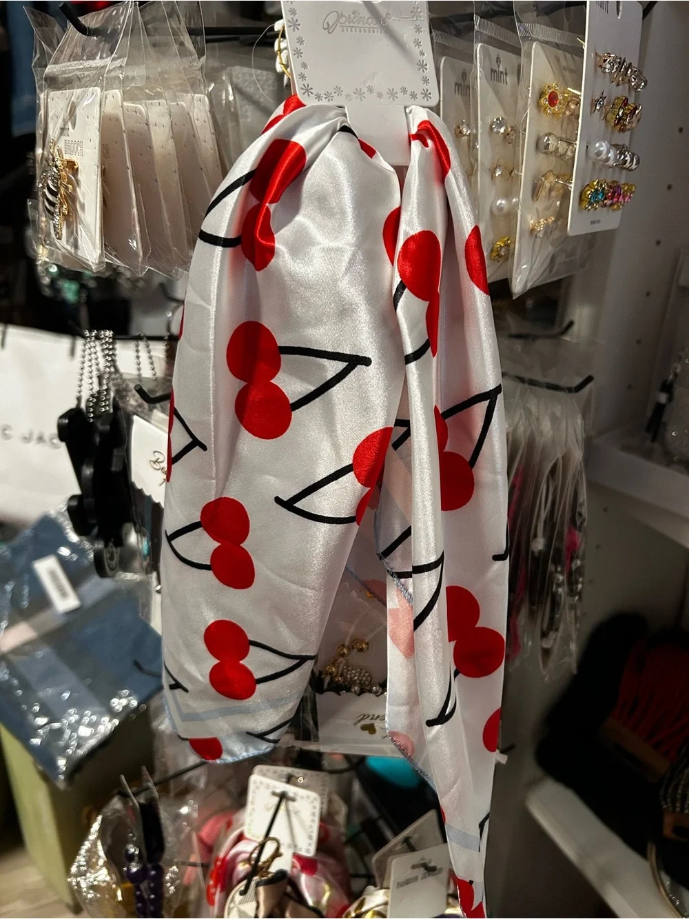 Silky Cherry Print Hair Scarf - Red & White